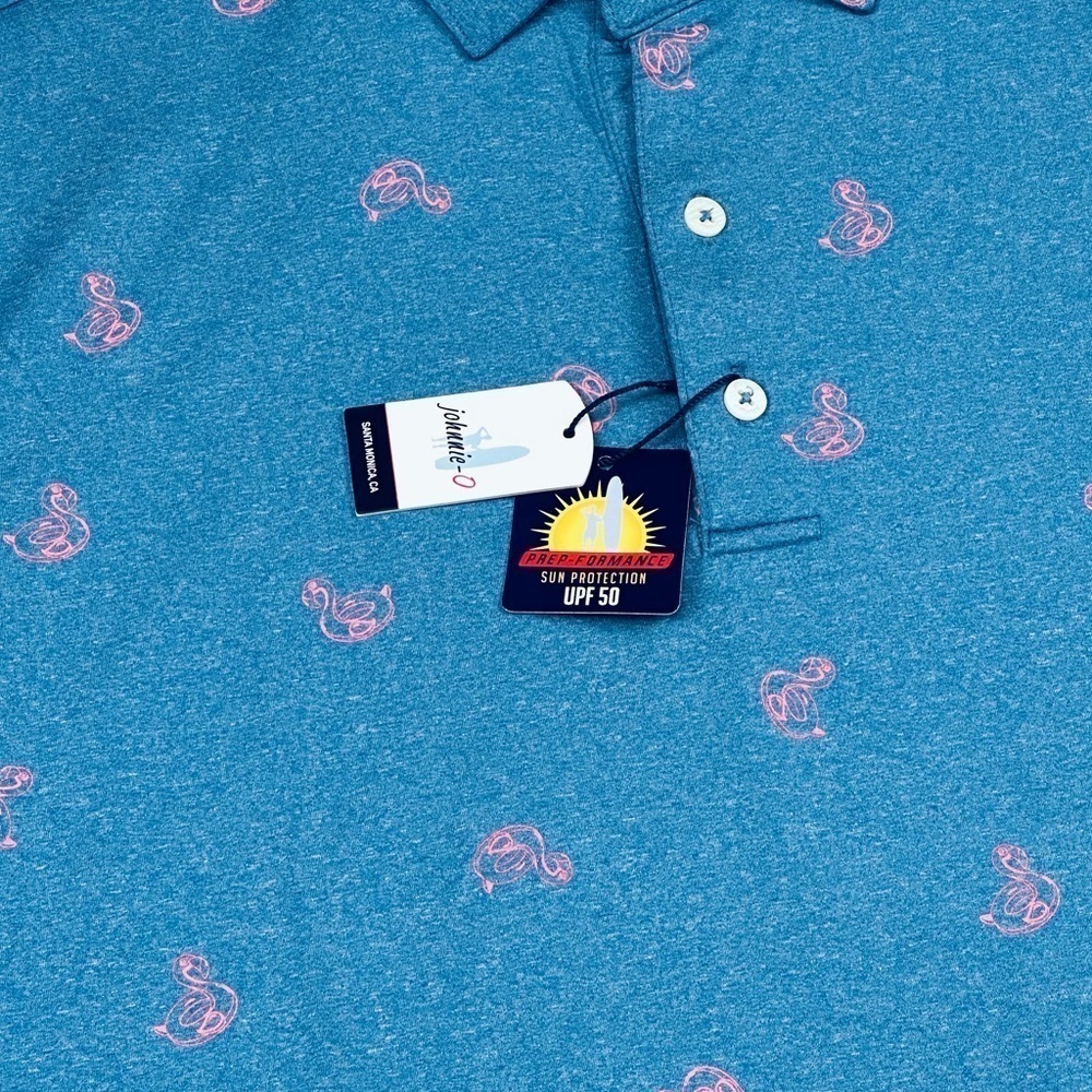 Johnnie-O Men’s Prep-formance Flamingo Floaty Lake Blue Golf Polo Shirt - Picture 6 of 10